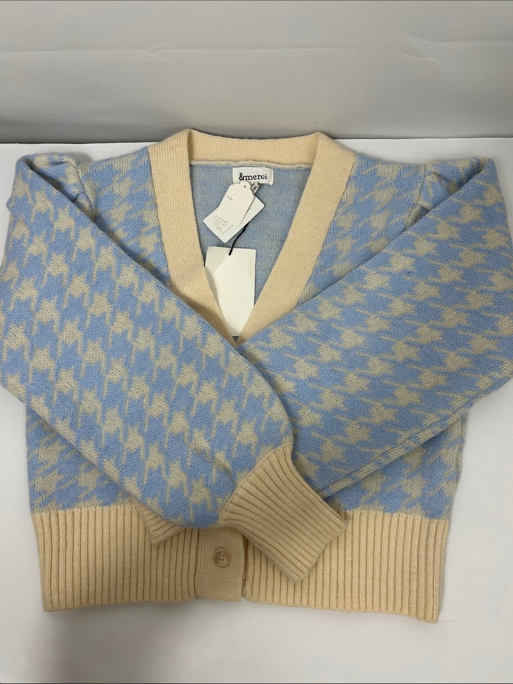NWT &merci Light Blue Houndstooth Cropped Cardigan Sweater Size M Pastel Prepp - Picture 5 of 7